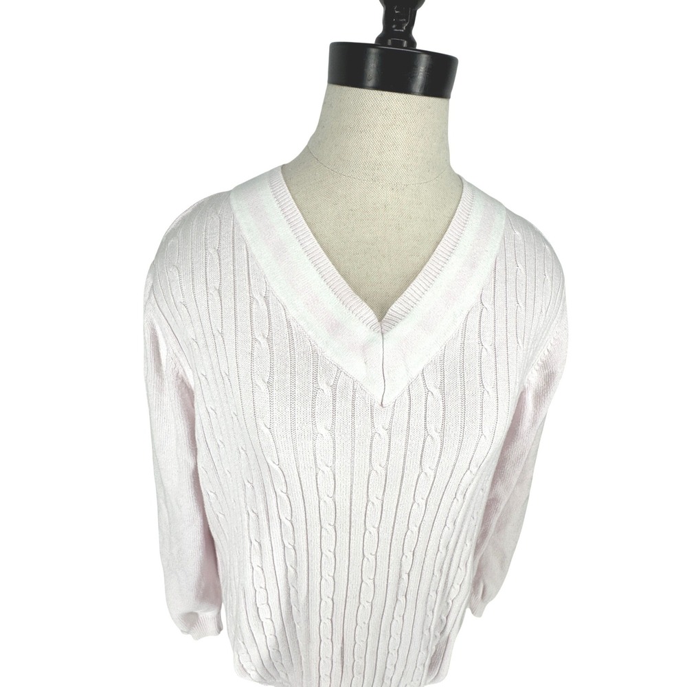 Vintage Cable Knit Varsity Sweater Women XL Striped Pink Pullover Criquet V Neck